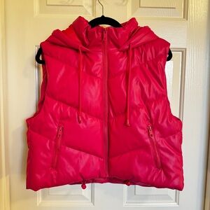 Fuchsia Pink Sporty Cropped Puffer Vest With Hood by Love Tree